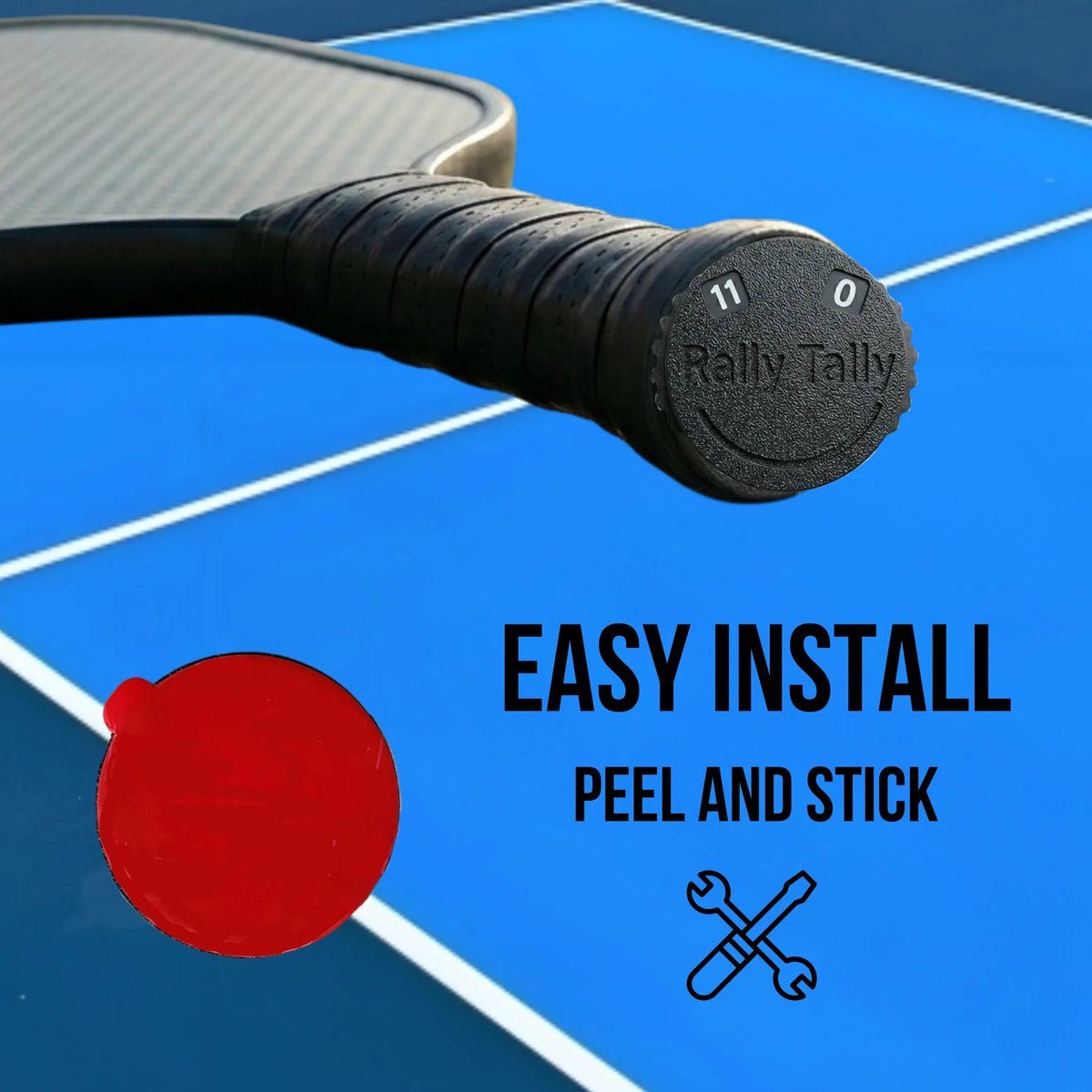 Rally Tally peel and stick install on a pickleball paddle