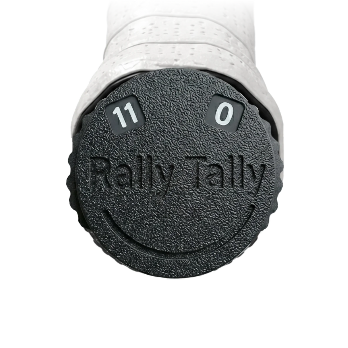 Rally Tally pickleball score keeper on paddle handle showing 11-0 score