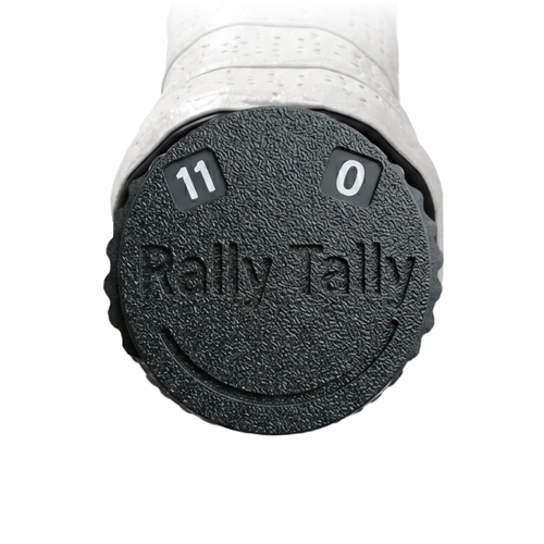 Rally Tally pickleball score keeper on paddle handle showing 11-0 score
